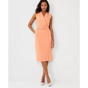 Ann Taylor Lapel Belted Pocket Orange Coral Sheath Sleeveless Dress Size Small